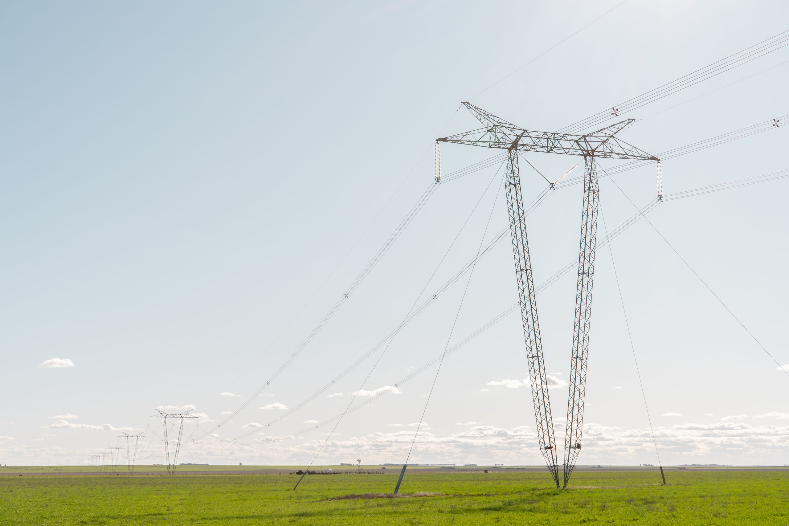 An electricity towers in a row in the middle of an agricultural field with clear sky